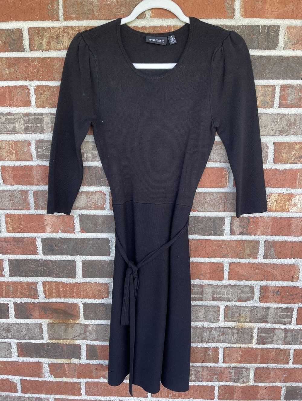 Nina Leonard Black Midi Knit Dress with Tie Belt & 3/4 Sleeves Size Small